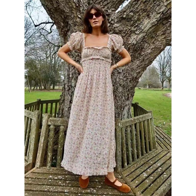 Fresh French Pastoral Oil Painting Sense Square Collar Dress