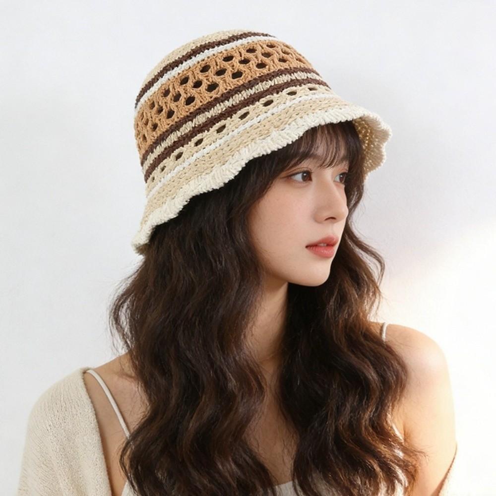 Wide Brim Crochet Panama Hat Breathable Beach Sun Hat Popular Striped Bucket Hat Daily