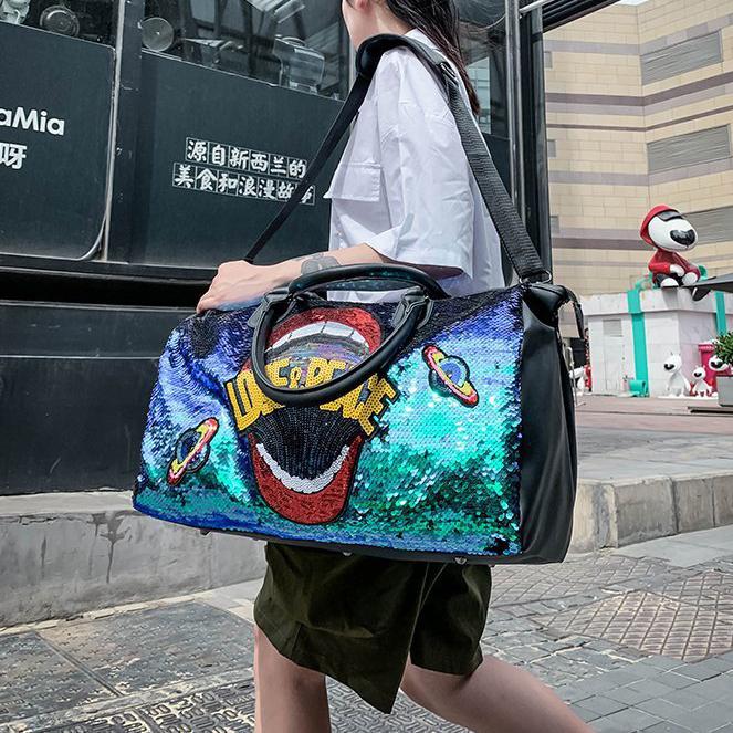 Travel Bag PU Sequins Handheld Shoulder Bag Sports Gym Bag Large Capacity Luggage Bag Fashion Bag