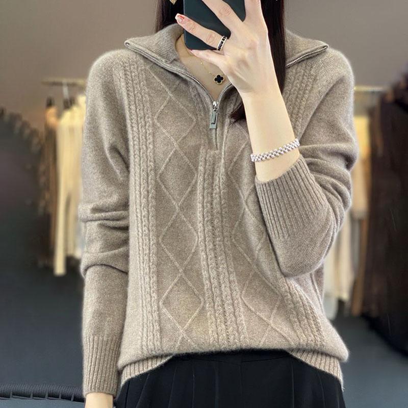 Women's Polo Collar Sweater  Autumn Winter Thick Woolen SweaterSolid Color Pullover Wool Knitwear
