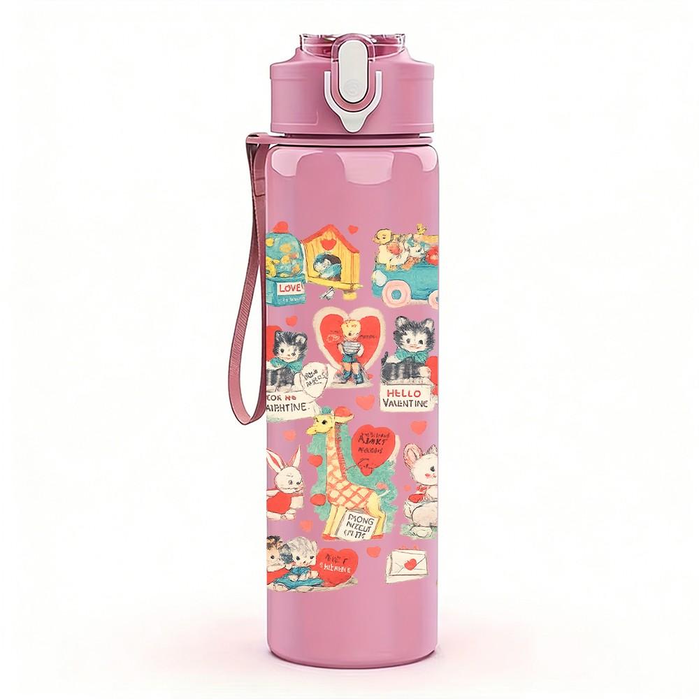 1PC Cute Cartoon Character Scrapbook Print 750ml Color Plastic Sports Water Bottle Leakproof Flip Straw Lid Suitable for Sports Office Home Use