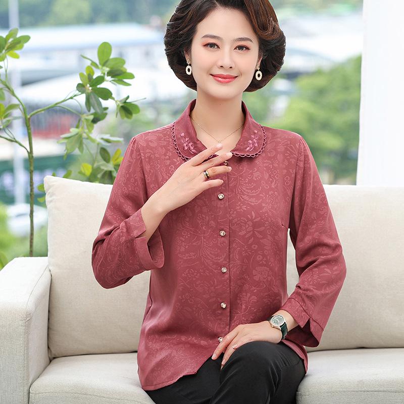 2026 Silk Long-Sleeve Top for Middle-Aged and Elderly Women - Spring & Autumn Fashion.