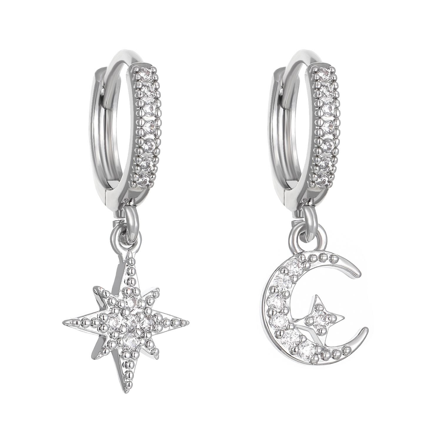 

Asymmetric Zircon Pendant Earrings with Stars and Moon, Luxurious Quality Zircon, Trendy Women s Temperament, Daily Accessories