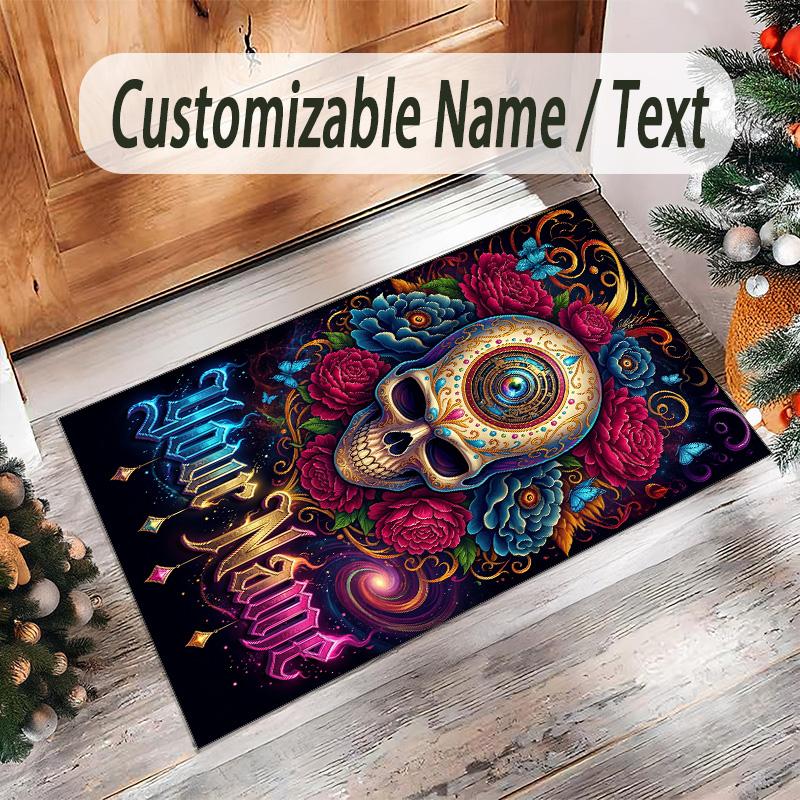 Day of the Dead Theme Crystal Velvet Rug Personalized Custom Name Text Soft Floor Mat Home Decor