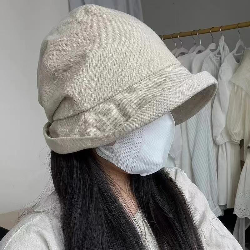 My Extreme Outdoor Activities Women's Black Japanese Cotton Linen Pleated Fisherman Hat Small Brim Summer Uv Resistant Breathable Linen Bucket Hat Wrapped Head 56-58Cm