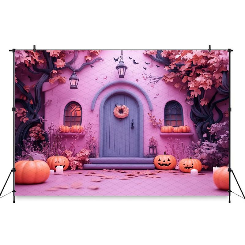 Mocsicka Halloween Photography Background Purple House Autumn Pink Tree Pumpkin Party Decoration Child Photo Backdrops Wallpaper
