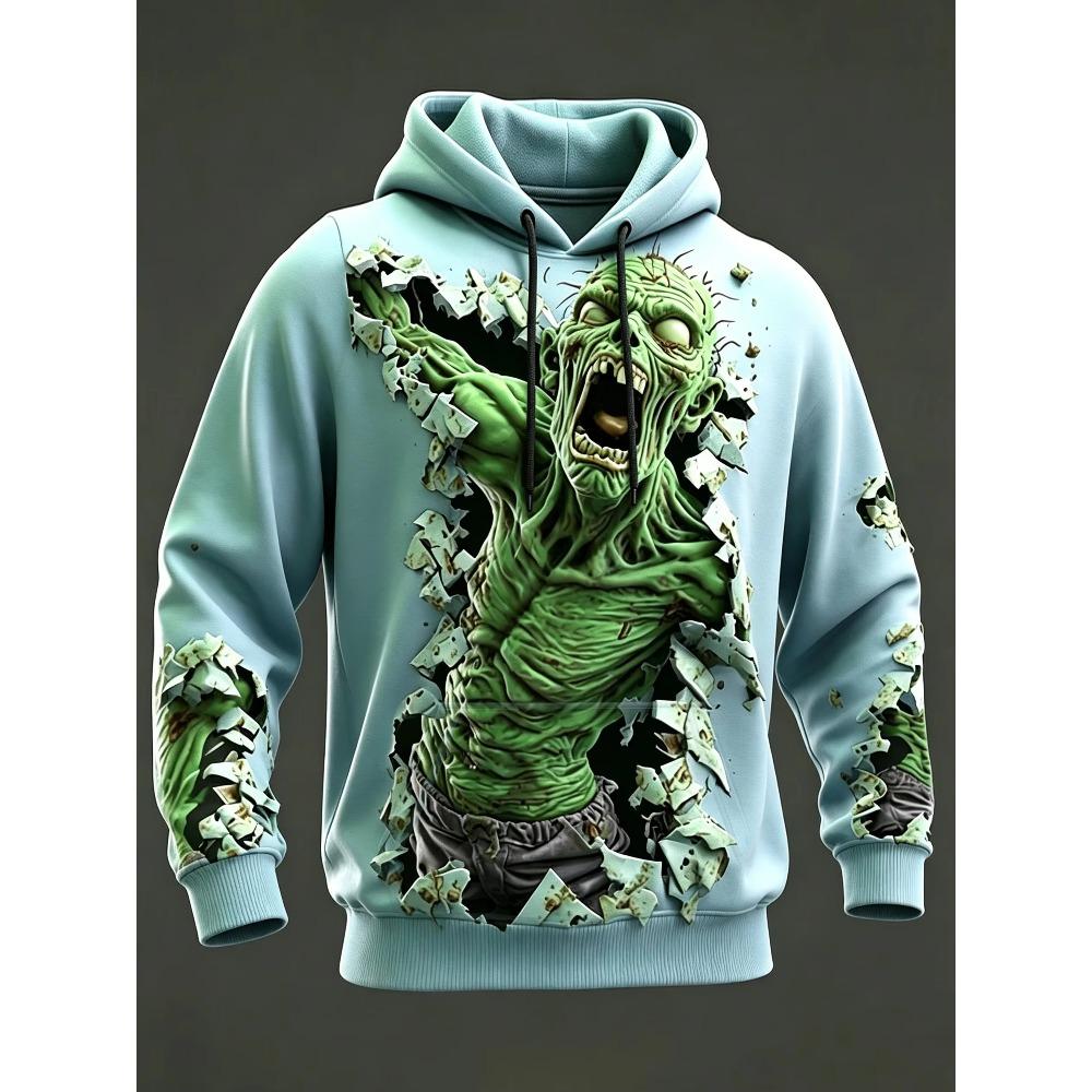 Women Unisex 3D Print Hoodie Break Through Wall Zombie 3D Pattern Pullover Long Sleeve Kangaroo Pocket Halloween Sweatshirt