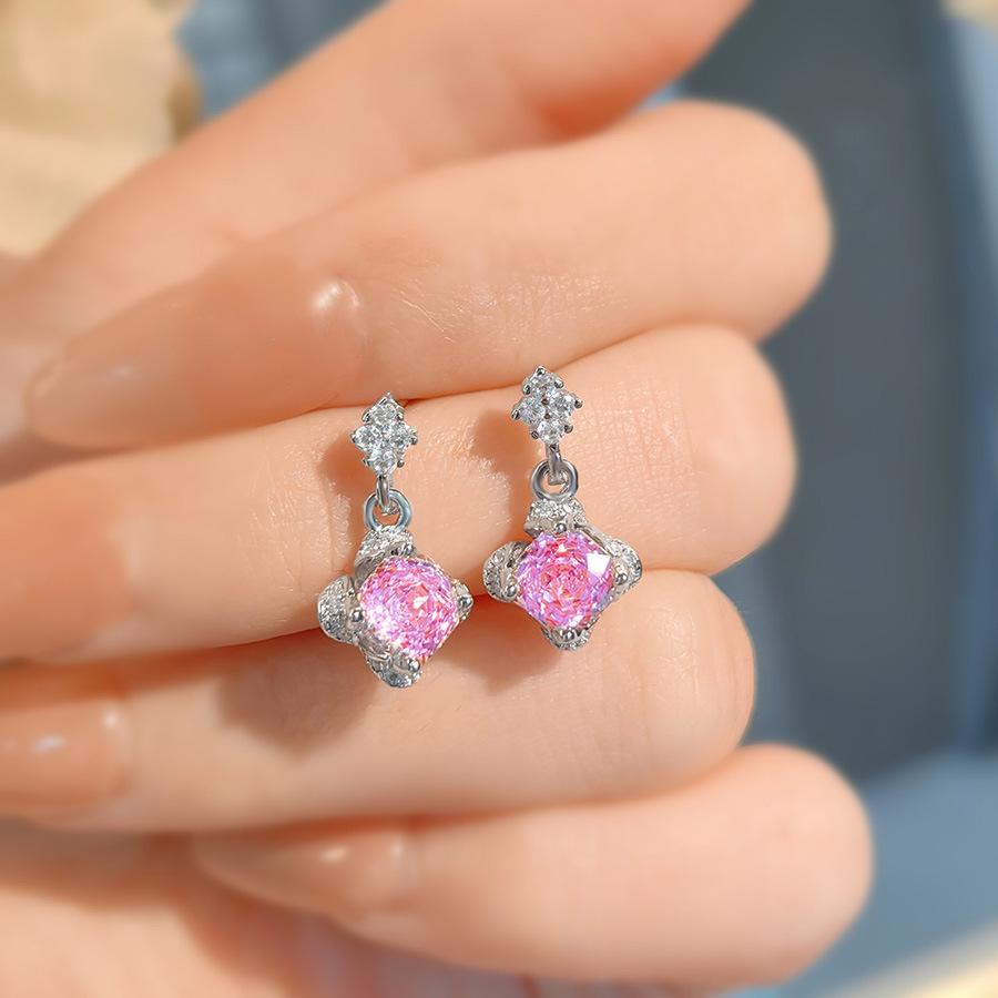 Octagonal Millennium Rose Cut Paraiba Necklace Pendant With High Carbon Diamond Colorful Diamond Stud Earrings Pink Diamond Ring Women