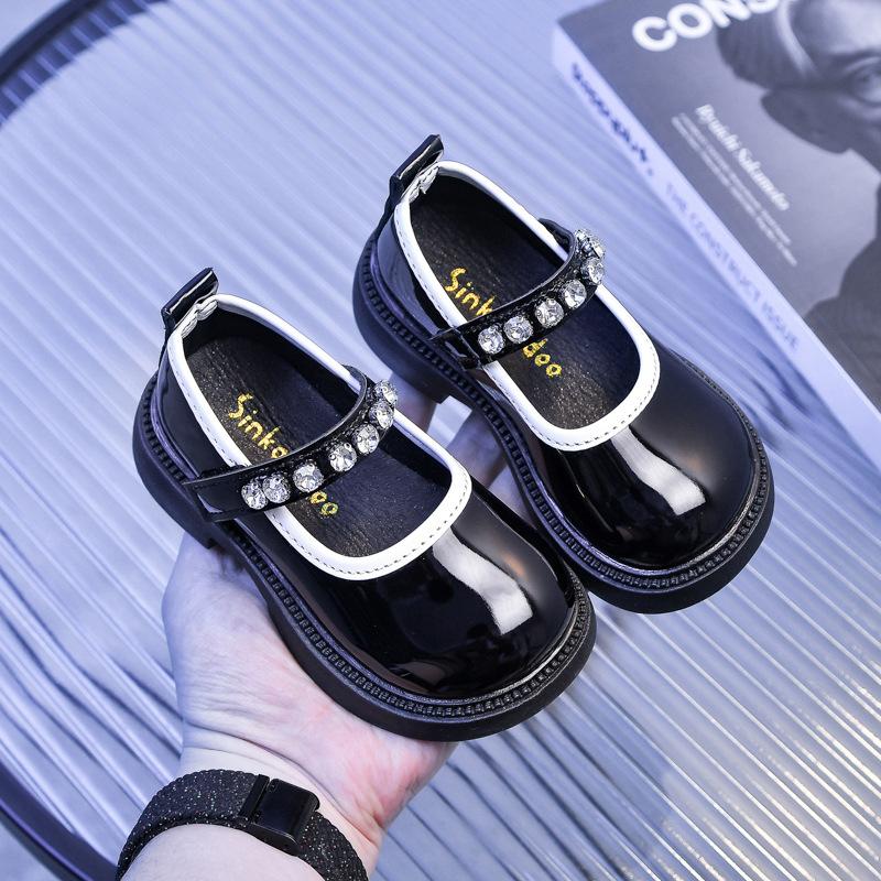 Academy-style children's leather shoes with rhinestones, student performance shoes, small and medium-sized children's leather loafers2026Spring