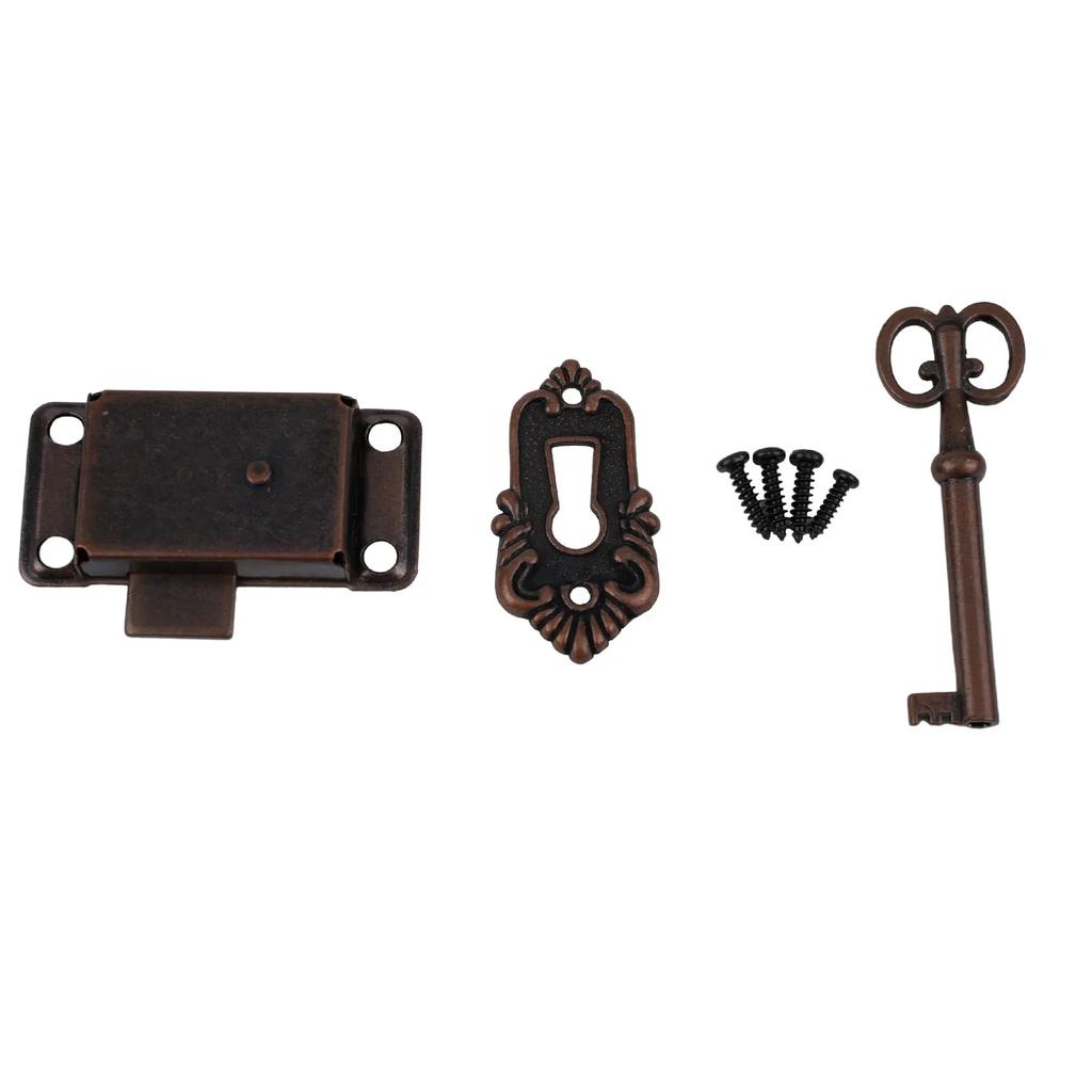 Three-piece Bolt Set With Key Antique Door Lock Drawer Jewelry Box Cabinet Wardrobe Cupboard Door Lock Hardware Locks Retro