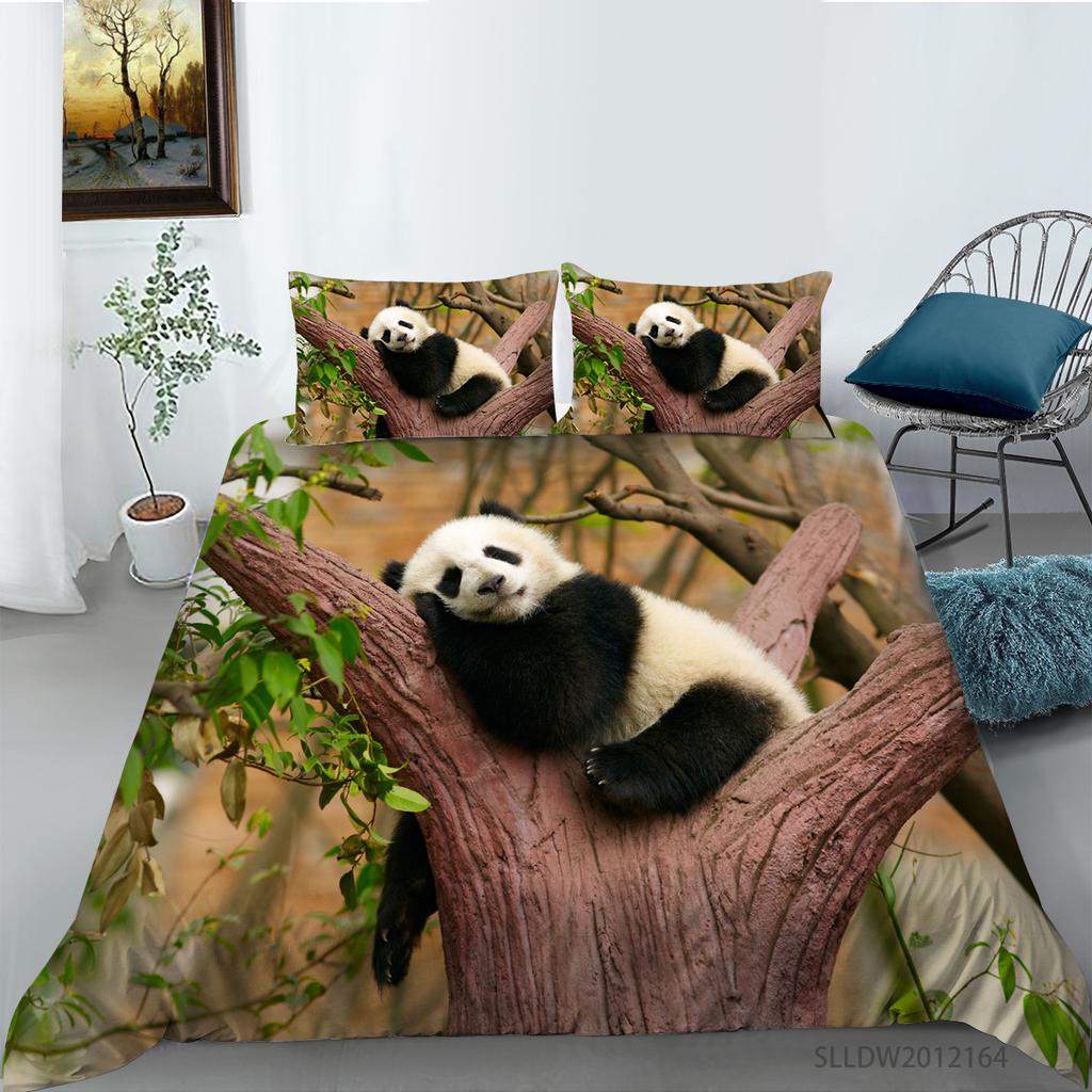 Panda Duvet Cover Set King Queen Cute Animal Different Poses Bamboo Branch Bedding Set Black White 2/3Pcs Quilt Cover