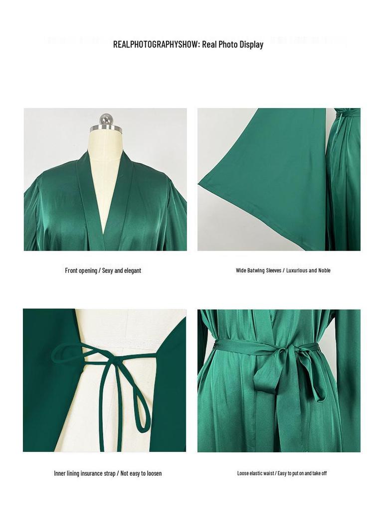 Sweet Satin Open-Front Robe: Deep V, Light Luxury, Tie-Waist, Wide Sleeves Homewear.