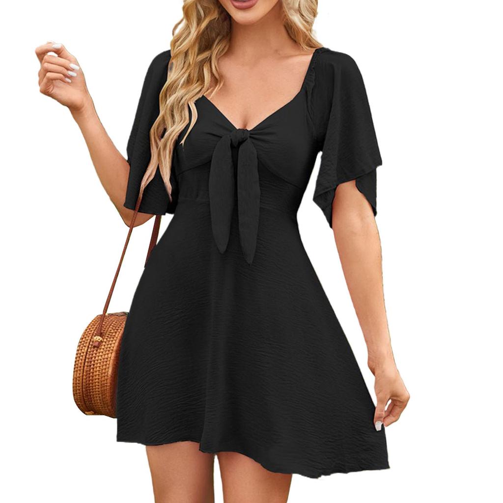 Women's Loose Casual Solid Color V-Neck Bow Tie Short Sleeved  Dress Short Sleeved  Dress