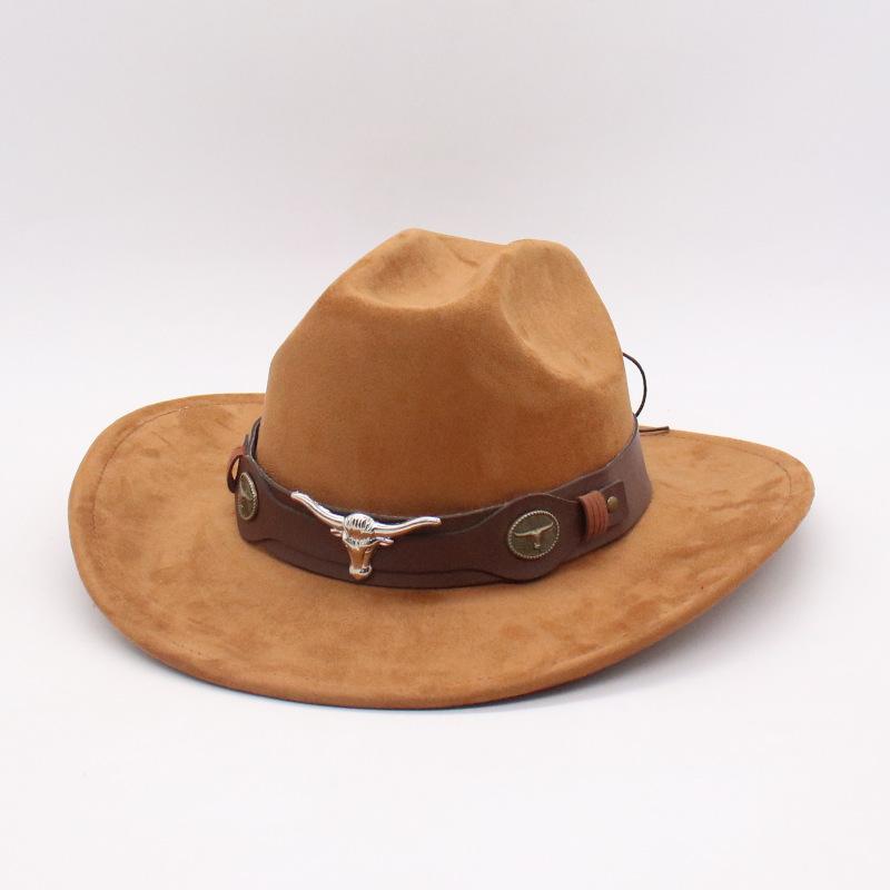 Ethnic Style Western Cowboy Hat Amazon Hot-Selling Stage Jazz Hat Cross-Border Foreign Trade Brown Ox Head Suede Top Hat