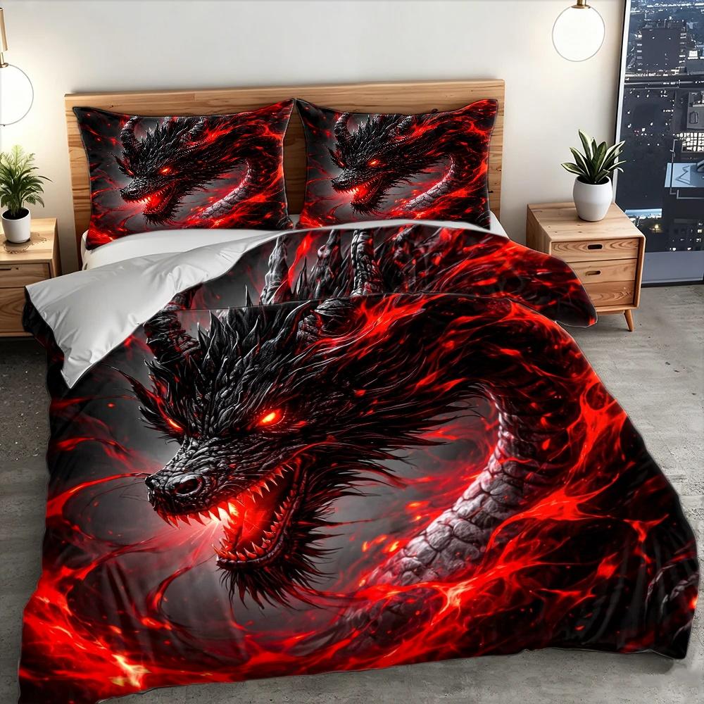 3Pc Dark Dragon Duvet Cover Set, All Season Machine Washable Bedding with 2 Pillowcases, Invisible Zipper for Double Bed