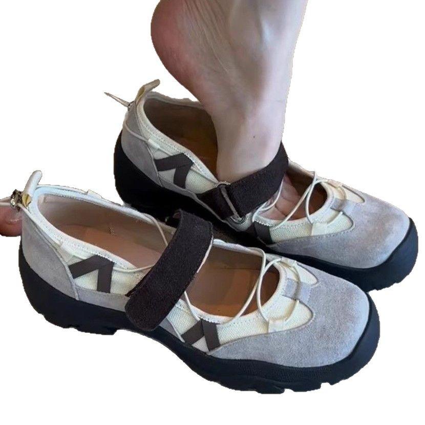 Ballet style color matching sports sole Velcro Mary Jane small leather shoes Maillard retro round head platform casual women's shoes