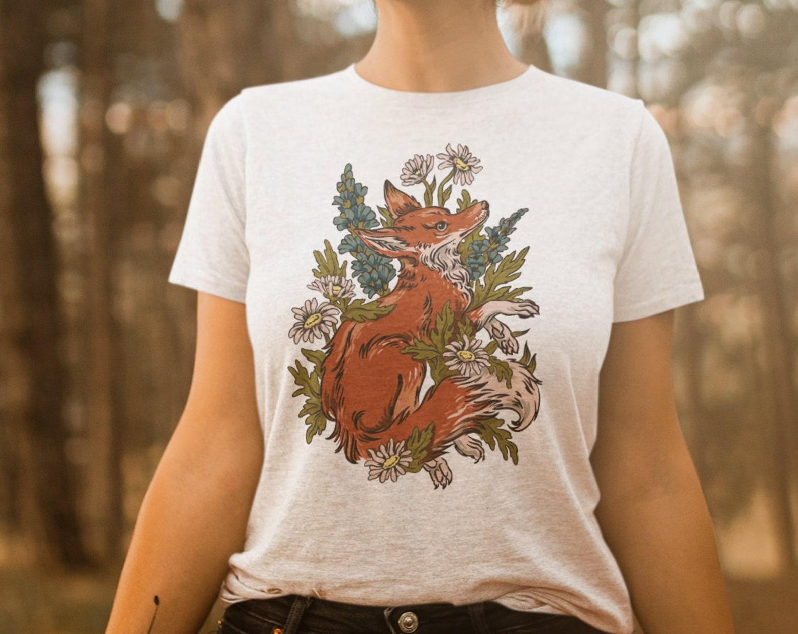 Floral Fox T-Shirt | Cute Autumn Animal Tee L