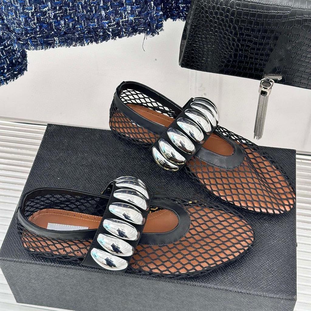 Mesh Mary Jane Single Shoes Women's Fashionable Metal Buckle Flat Comfortable Ballet Dancing Shoes