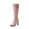 Fashion Winter Sweet Women Knee High Boots PU Leather Round Toe 7cm High Block Heels Bowtie Lace-up Lolita Lady Zipper Long Riding Boots
