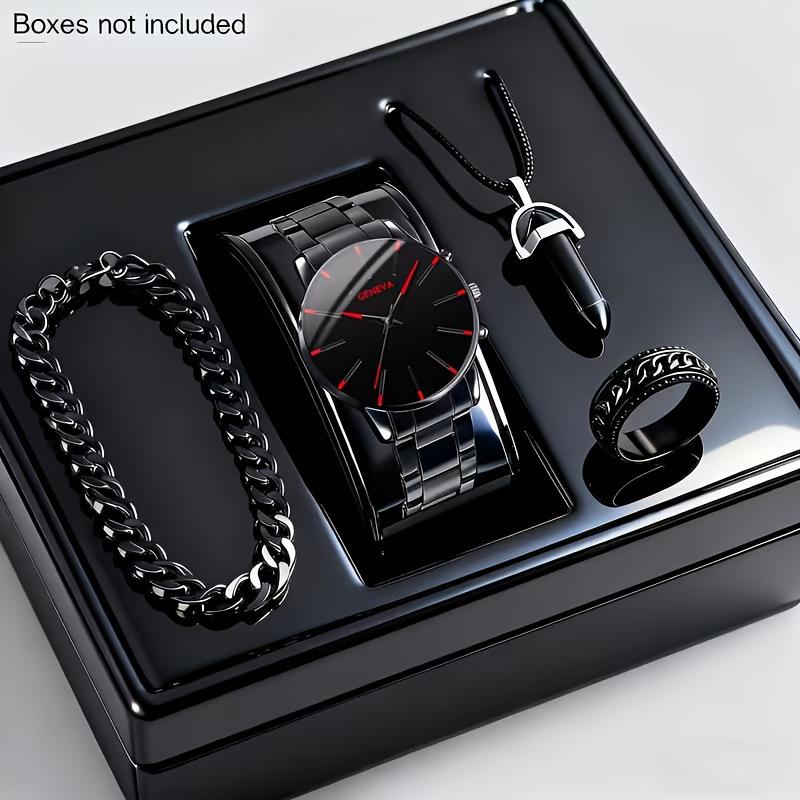 4-Piece Cuban Chain Business Fashion Men'S Steel Belt Simple Scale Quartz Watch Bullet Necklace Set