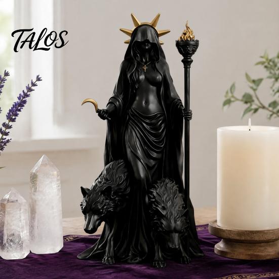 Kompakte gruselige Dekoration Hekate Griechische Göttin Statue mit magischen Hunden, Fantasy-Thema Okkultes Zimmerdekor Harzskulptur, Mythologische Figur für