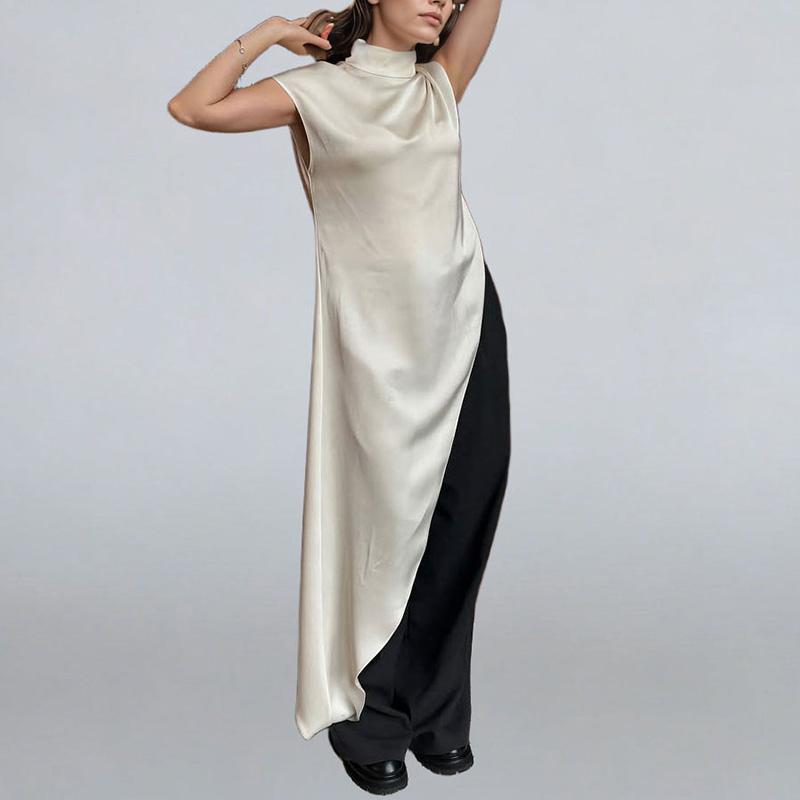 Satin Sleeveless Long Dress Women Solid Irregular High Neck Party Dresses Spring Luxury Women'S Evening Dresses Vestidos