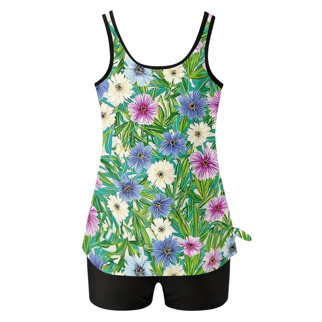 Women’s Sleeveless Tankini Set with Leaf Print Top and Solid Shorts for Swimming Beach and Pool Activities Comfortable Fit