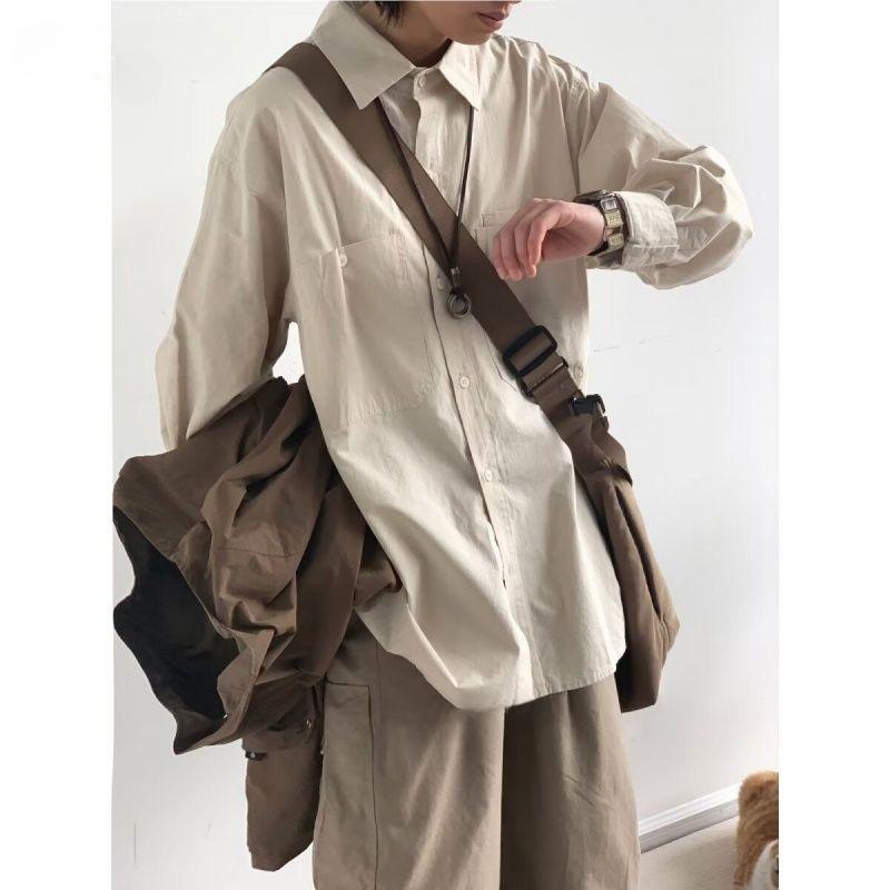 Japanese Vintage Tooling Shirt for Men In Spring and Autumn with Loose American Silhouette Long-sleeved Design Shirt