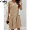 Women's Fashion Summer Spring Short Sleeve O-Neck Loose Waistline Casual Dresses