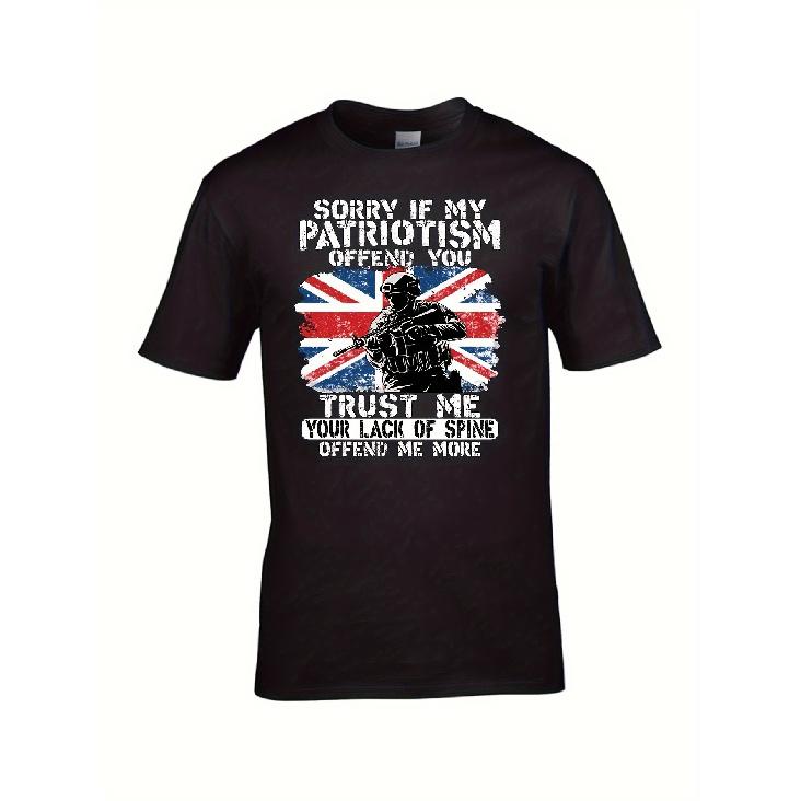 Men s British Army T-Shirt - Funny  Sorry If My Patriotism Offends You  Slogan & Union Jack Soldier Graphic - Heavy Duty 100% Tee with GILDAN S чёрный