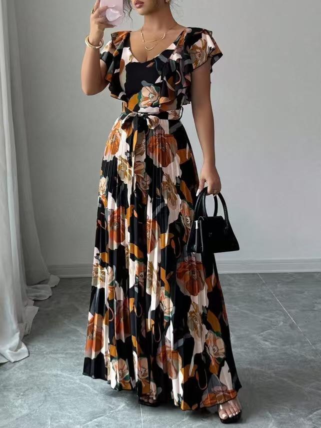 Europe and the United States hot summer women's digital printing pleated holiday wind lotus leaf edge waist elegant romantic women's dress