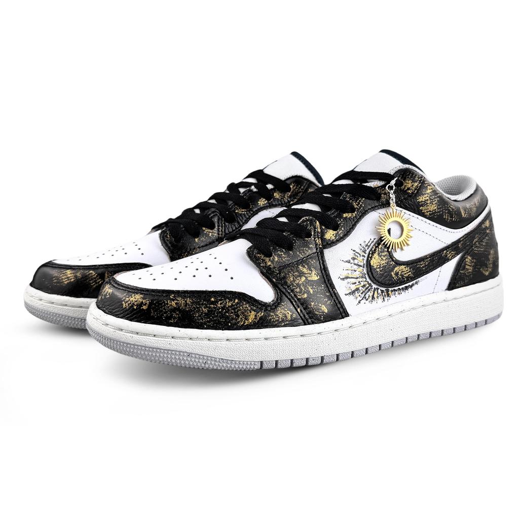 Jordan Air Jordan 1 Cushioning, Wear Resistant Low Top Vintage Basketball Shoes Unisex Black Gold FQ7687-300(Team1053-)