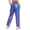 Shiny Metallic Cargo Pants for Women Elastic Waistband with Ruffle Trim Multiple Pockets Jogger Style for Hip Hop Music Stage Outfit