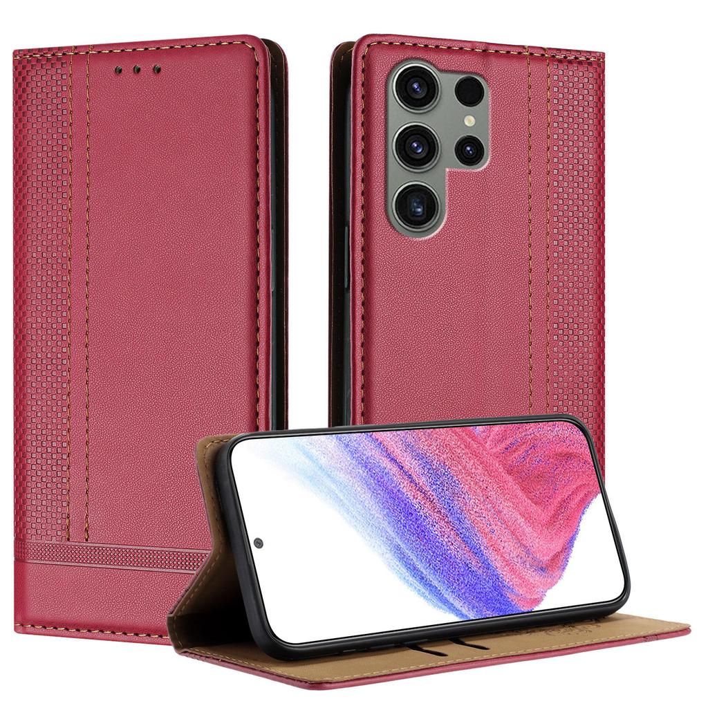 For Samsung Galaxy S23 Ultra Case L-Shaped Grid Pattern Leather Stand Phone Cover with Card Slots