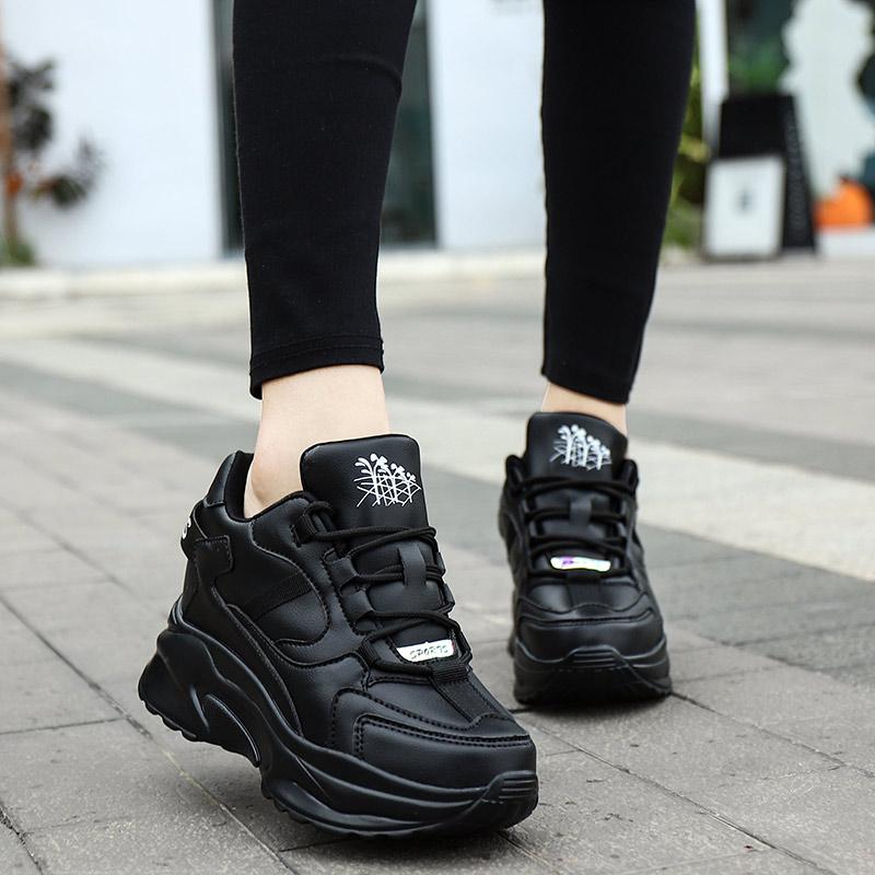 Fashion Fashion White Sneakers Women's High Platform Casual Shoes Height Increasi Leathe Shoes Thick Sole Trainers Tennis Sports Black
