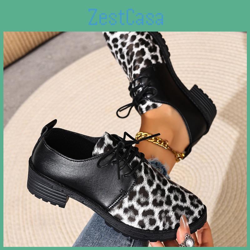 Spring Lowheeled Largesized Womens And Autumn New Squareheeled Laceup Leather Shoes