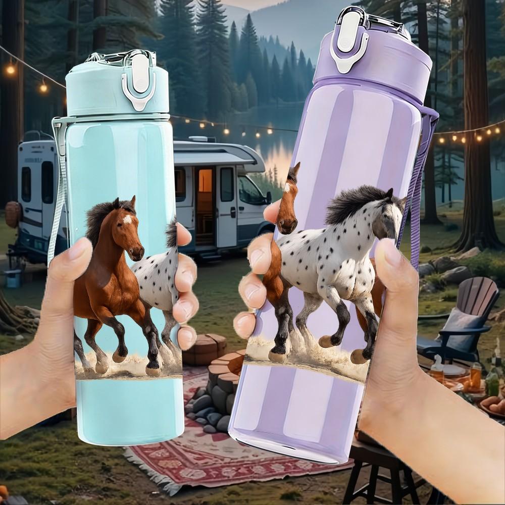 1PC Group Running Horse Animal Print 750ml Color Plastic Sports Water Bottle Leakproof Flip Straw Lid Suitable for Sports Office Home Use