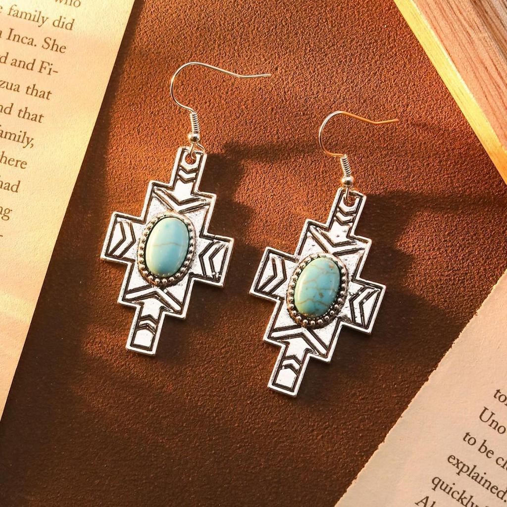 Bohemian Ethnic Style Earrings: Rhinestone & Turquoise Pendant for Women - Retro Versatile Design