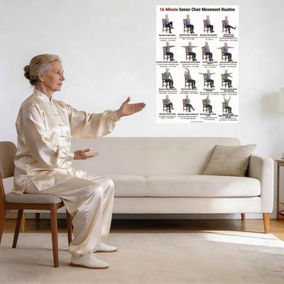 3 Bucăți Postere pentru Antrenament Tai Chi Diagramă Exerciții Șezând cu 16 Mișcări Blânde de Yoga pe Scaun Instrucțiuni Tai Chi pentru Începători Vârstnici