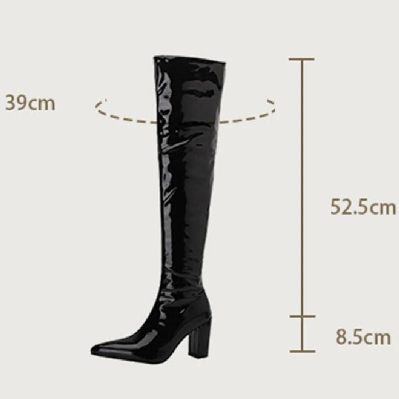 Bottes hautes sexy au-dessus du genou pour femmes, bout pointu, fermeture éclair, talon carré, talon haut, chaussures pour dames, automne hiver, bottes chunky, grande taille