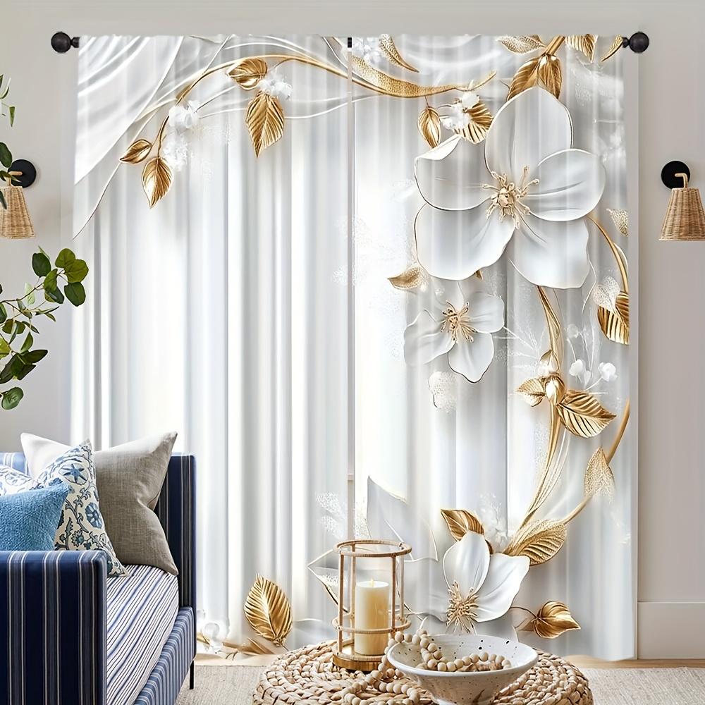 2pcs Elegant White Floral Print Sheer Polyester Curtains with Gold Accents & Rod Pocket  for Bedroom   Living Room   Kitchen & More
