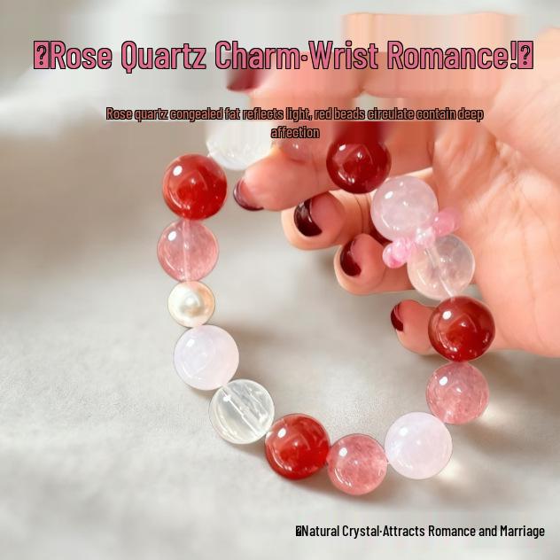 Women's High-End Red Agate & Strawberry Quartz Bracelet with White Phantom, Pearl & Pink Crystal