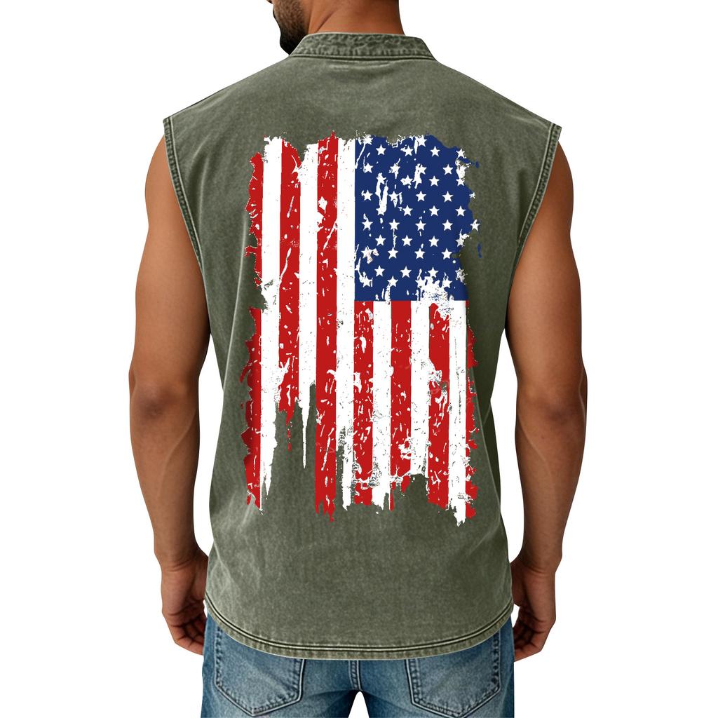 Men's Printed Washed Sports Button Pocket Sleeveless Vest