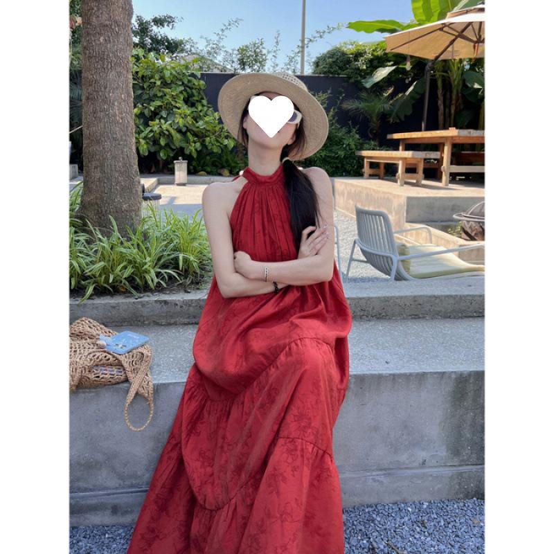 New Chinese Retro National Style Jacquard Red Neck Dress Women's Summer Seaside Vacation Temperament Big Pendulum Long Skirt