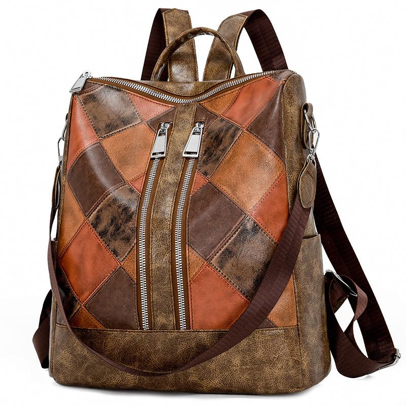 Backpack women s new European and American retro women s backpack PU soft leather fashion diamond multi-functional travel backpack коричневый