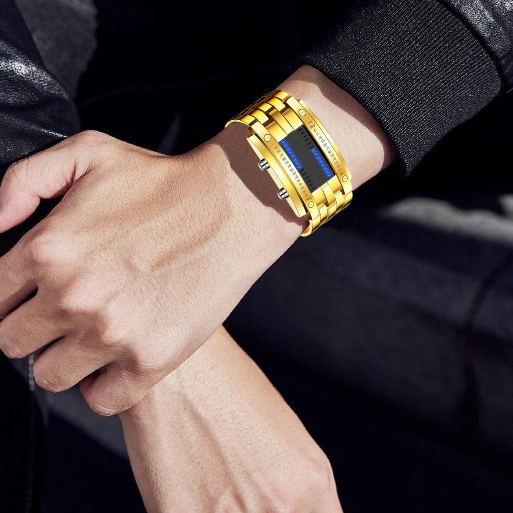 FANMIS Creative Binary Matrix Blue LED Digital Watch Fashion Classic Black Plated Waterproof LED Backlit Bracelet Men's Watch, Gold, Digital.