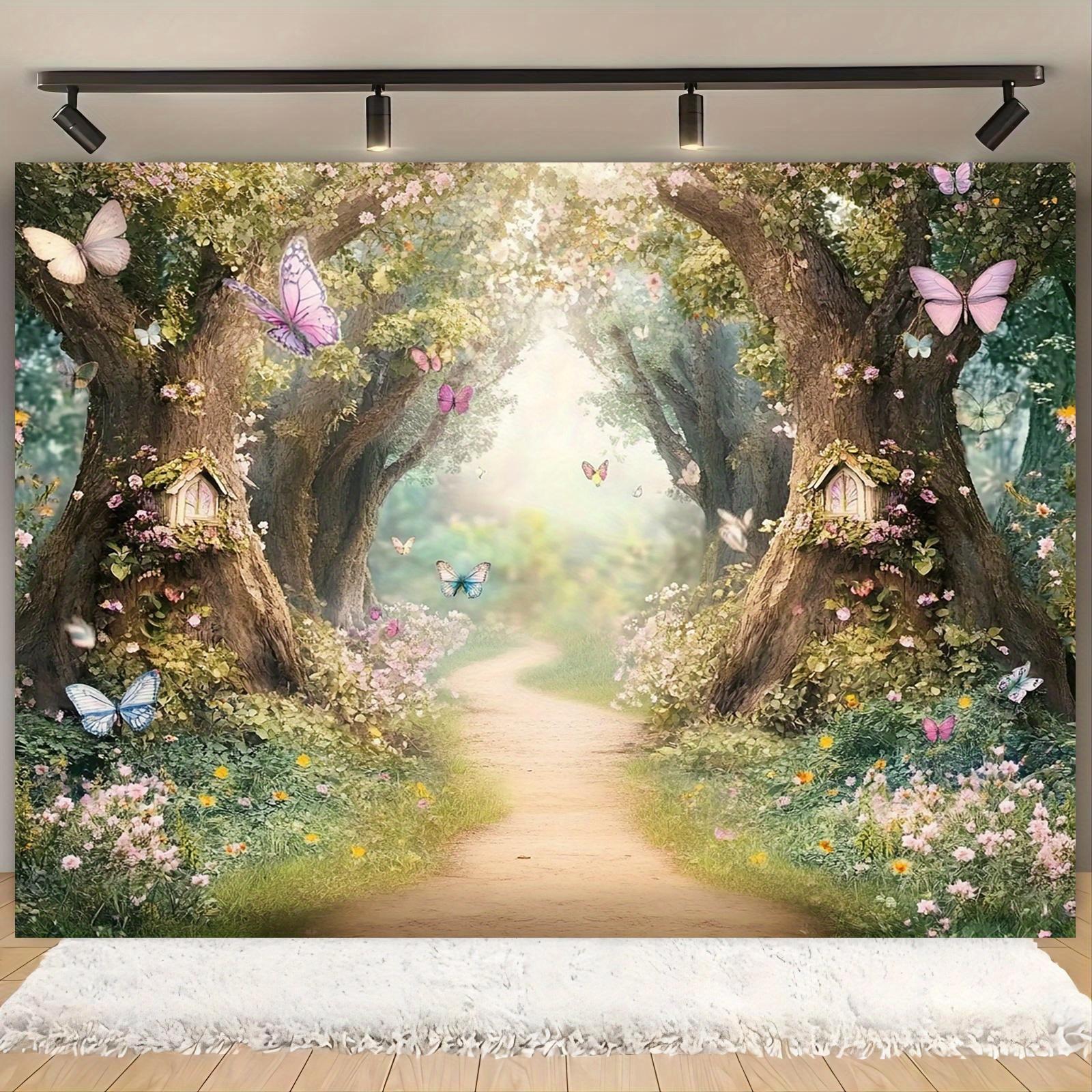 A polyester background for a magic forest party banner, a party banner,a magical road with the houses of butterflies and fairies 130x150cm