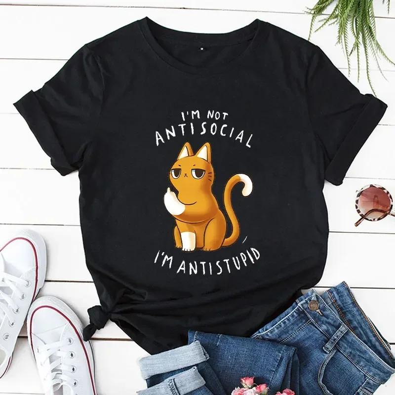 

Summer FeUnisex Tshirt Tops Women Cat Cartoon Tshirt Casual Ladies Antisocial Antistupid Aesthetic Trend Tees Aesthetic Clothes S