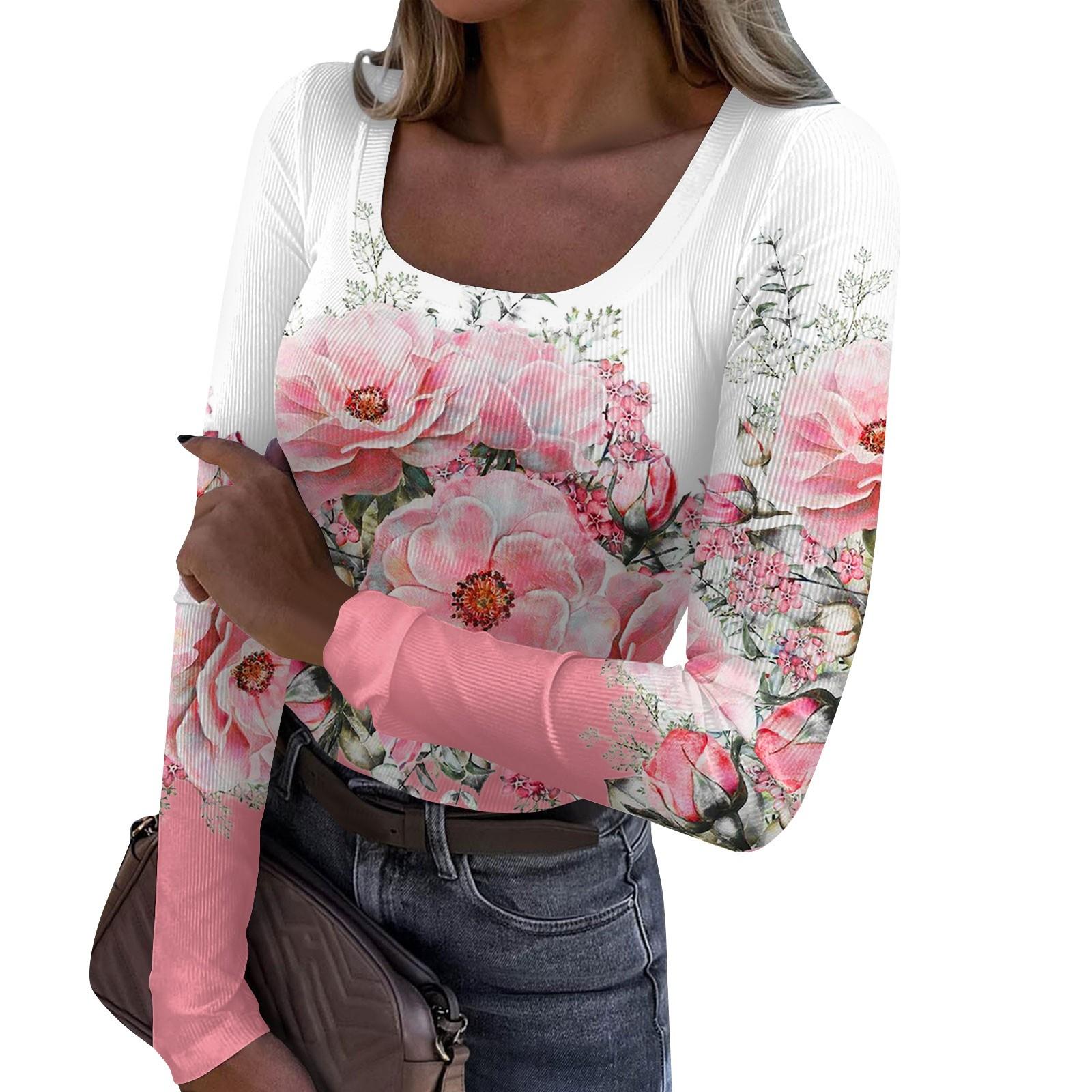 

Женская мода, футболка с тонкой нижней частью, повседневный пуловер с круглым вырезом и длинным рукавом в стиле ретро с цветочным принтом S розовый