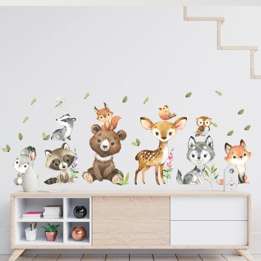 2PCS Cartoon Cute Brown Bear Deer Rabbit Animal Wall Stickers for Bedroom Living Room Nursery Decoration Wall Decals